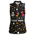 Funny sleeveless polo shirt orange black Halloween background custom name Flamingo golf friends