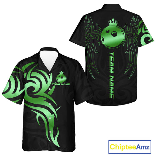 Black and Green crown Bowling ball Hawaiian Shirt Custom Bowling Team Button Up Shirt