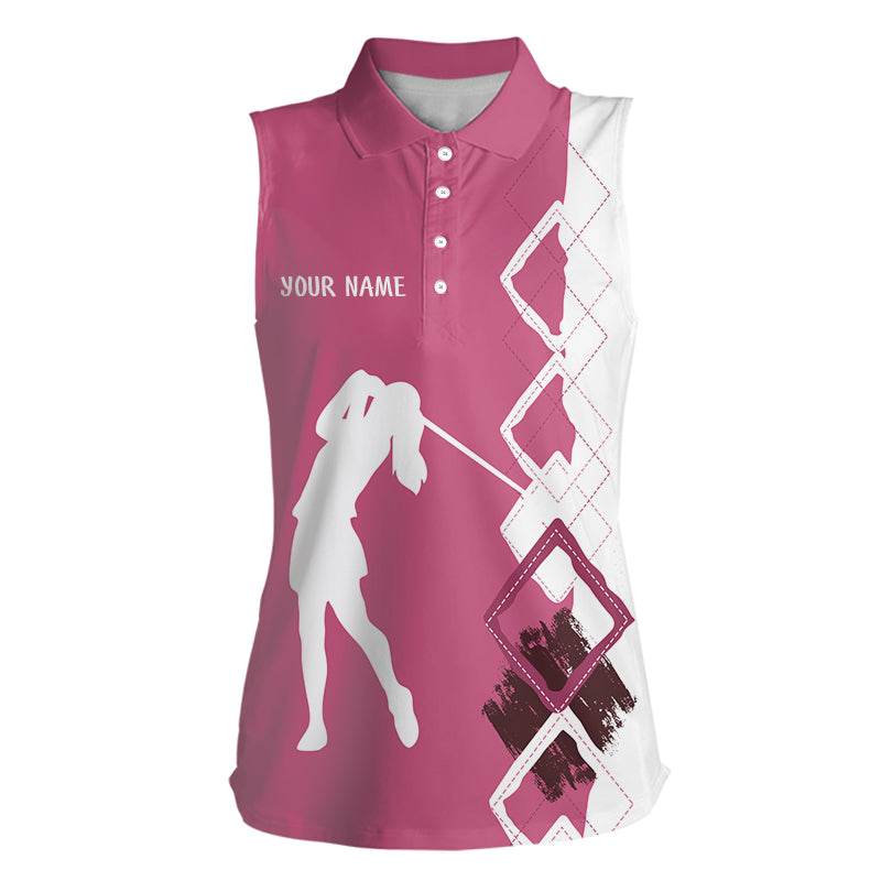 Pink & white argyle pattern Sleeveless polo Shirt Custom golf attire team golf shirt