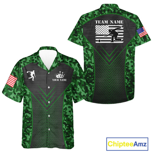 Bowling Hawaiian Shirt Custom green camo American flag team bowling League Jerseys