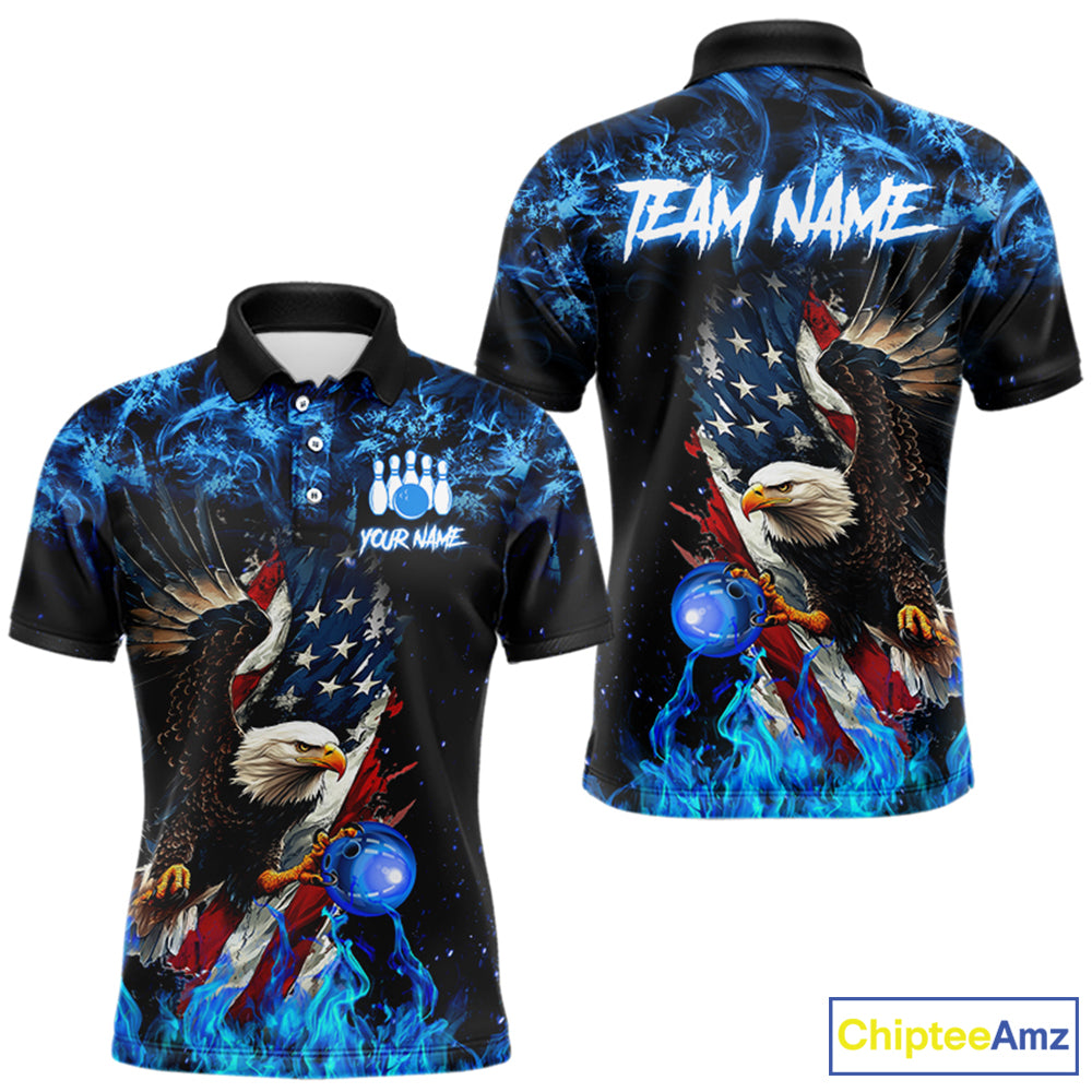 Blue Flame American Flag Eagle bowling shirts Custom Bowling Team Jersey, gift for Bowler