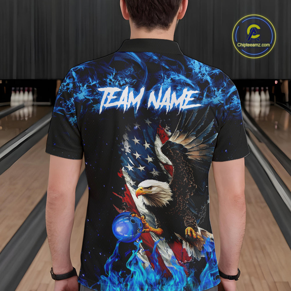 Blue Flame American Flag Eagle bowling shirts Custom Bowling Team Jersey, gift for Bowler