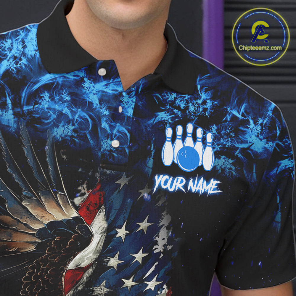 Blue Flame American Flag Eagle bowling shirts Custom Bowling Team Jersey, gift for Bowler