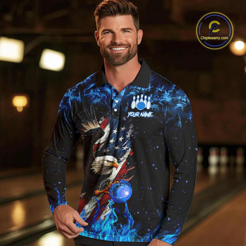 Blue Flame American Flag Eagle bowling shirts Custom Bowling Team Jersey, gift for Bowler