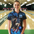 Blue Flame American Flag Eagle bowling shirts Custom Bowling Team Jersey, gift for Bowler