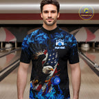 Blue Flame American Flag Eagle bowling shirts Custom Bowling Team Jersey, gift for Bowler
