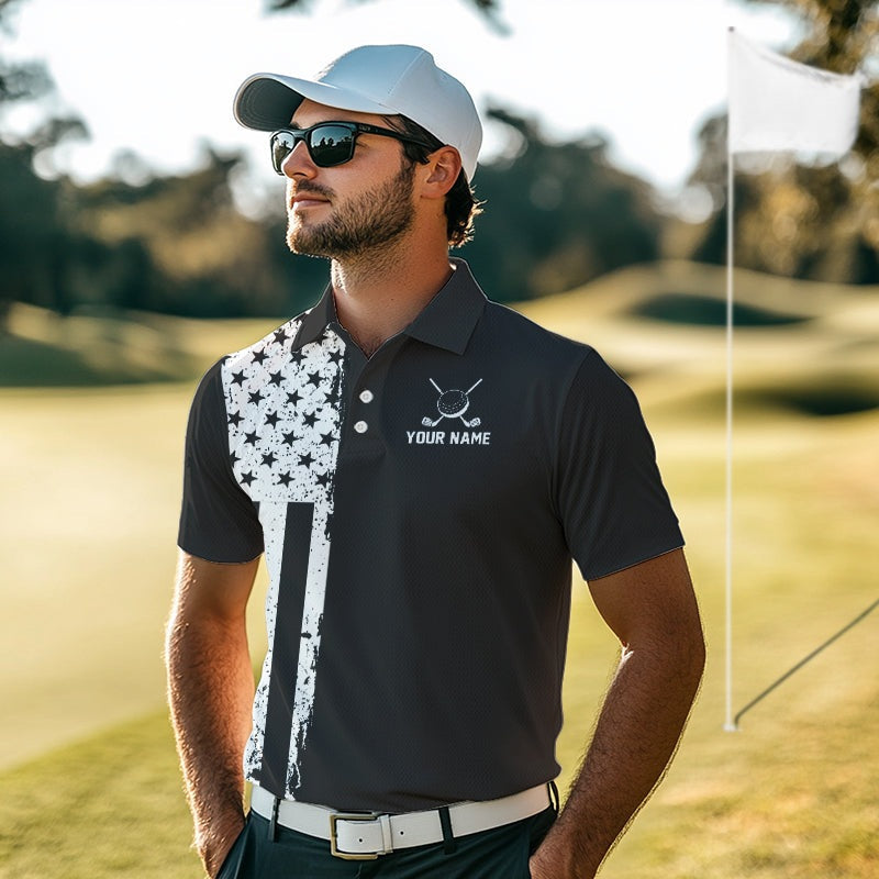 Black and White American Flag golf polo shirts Custom name patriotic team golf uniform
