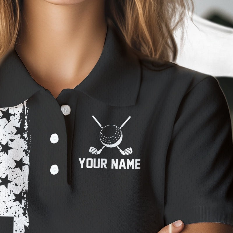 Black and White American Flag golf polo shirts Custom name patriotic team golf uniform