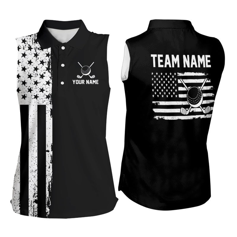Black and White American Flag Sleeveless golf polo shirts Custom patriotic team golf uniform