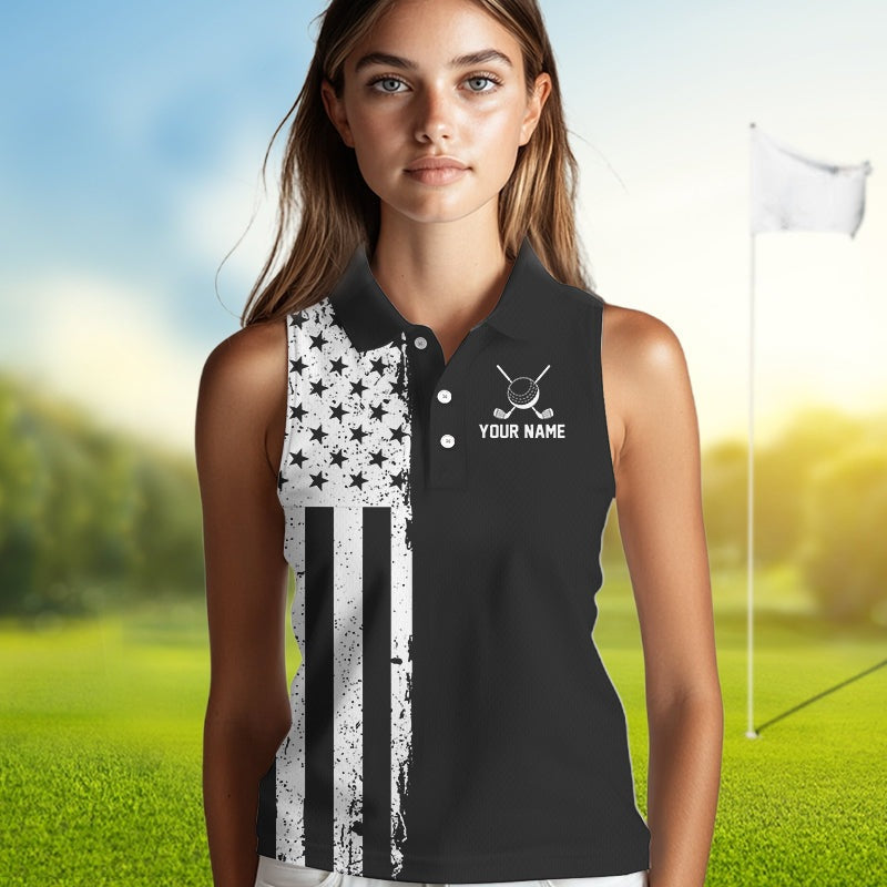 Black and White American Flag Sleeveless golf polo shirts Custom patriotic team golf uniform