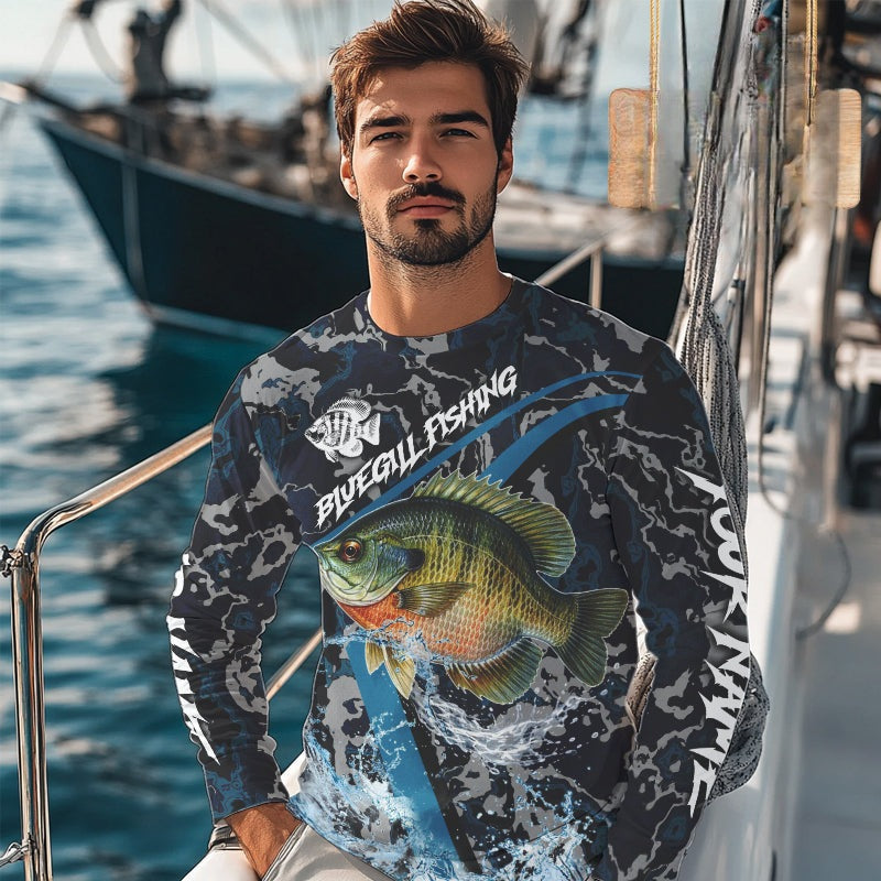 Custom Bluegill Fishing Camo Long Sleeve Fishing Shirts, Personalized Trout Fishing Team Jerseys