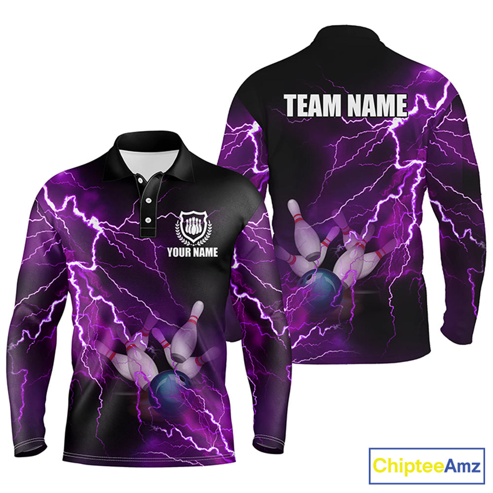 polo bowling shirts Custom purple lightning thunder Bowling Team Jersey, gift for team Bowlers