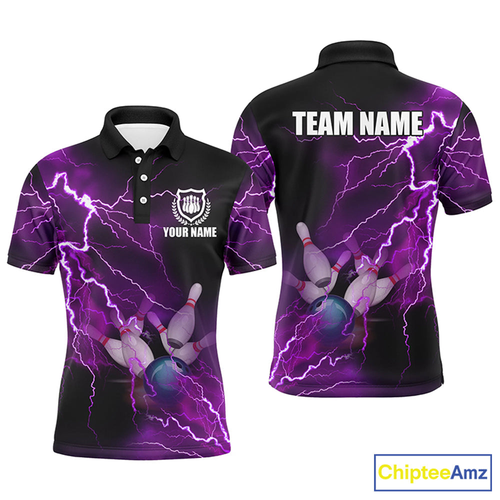 polo bowling shirts Custom purple lightning thunder Bowling Team Jersey, gift for team Bowlers
