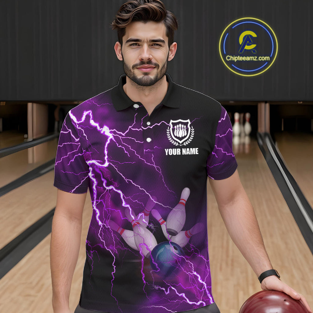 polo bowling shirts Custom purple lightning thunder Bowling Team Jersey, gift for team Bowlers