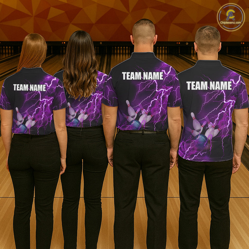 polo bowling shirts Custom purple lightning thunder Bowling Team Jersey, gift for team Bowlers