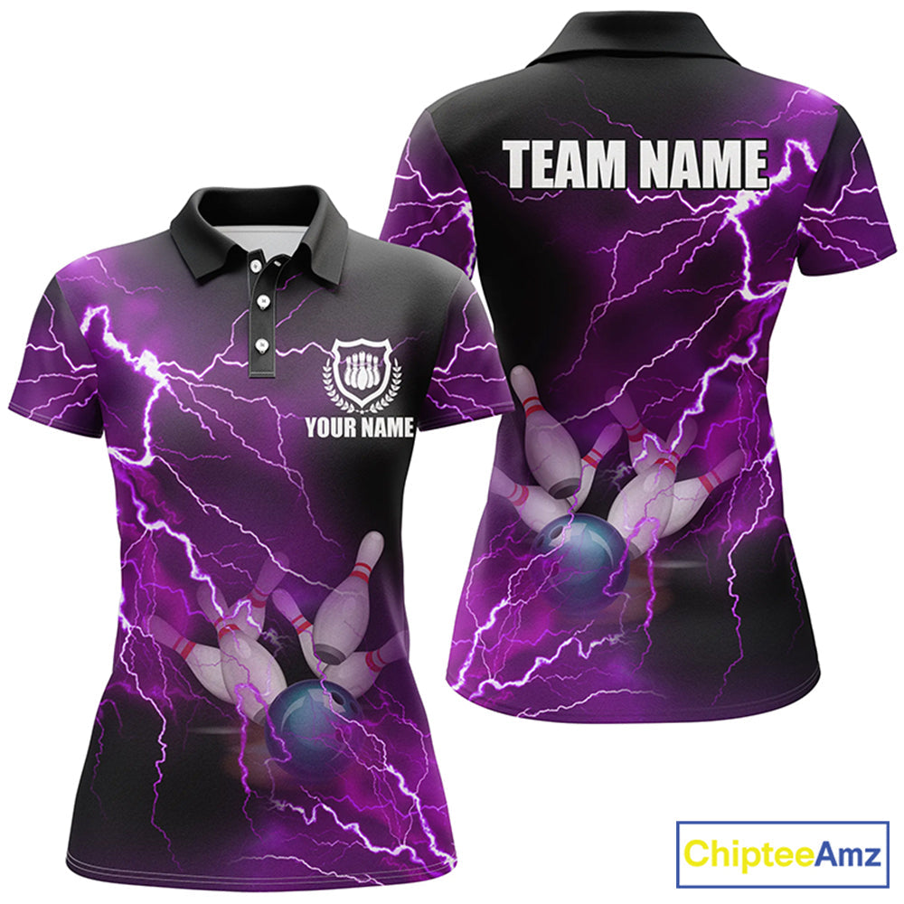 bowling polo shirts Custom purple lightning thunder Bowling Team Jersey, gift for team Bowlers