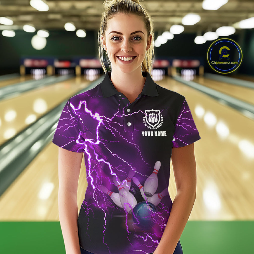 bowling polo shirts Custom purple lightning thunder Bowling Team Jersey, gift for team Bowlers