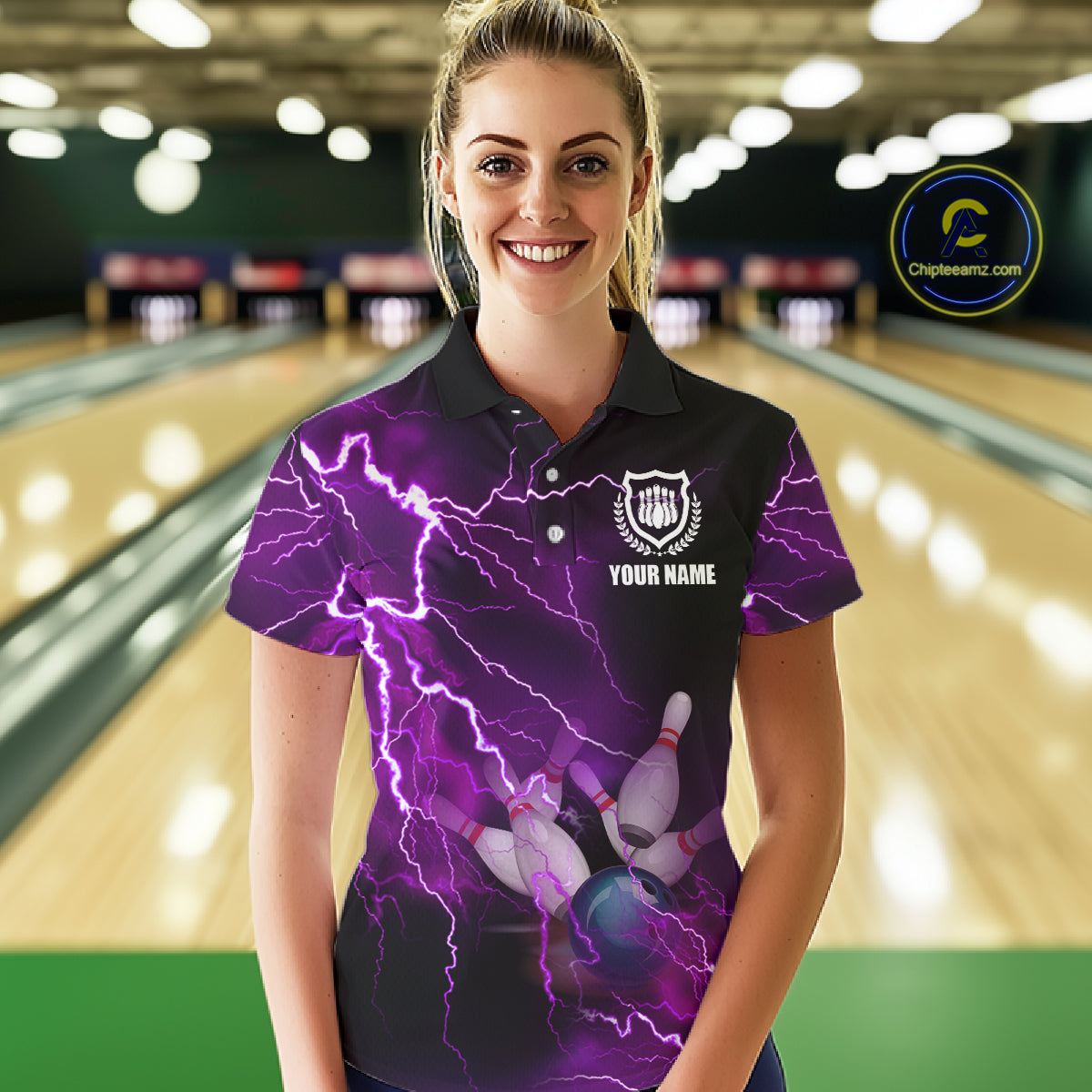 bowling polo shirts Custom purple lightning thunder Bowling Team Jersey, gift for team Bowlers
