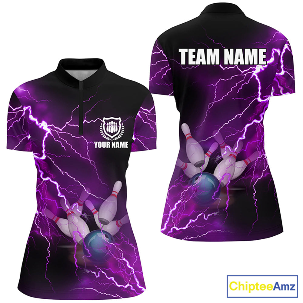 bowling Quarter Zip shirt Custom purple lightning thunder Bowling Team Jersey, gift for Bowlers