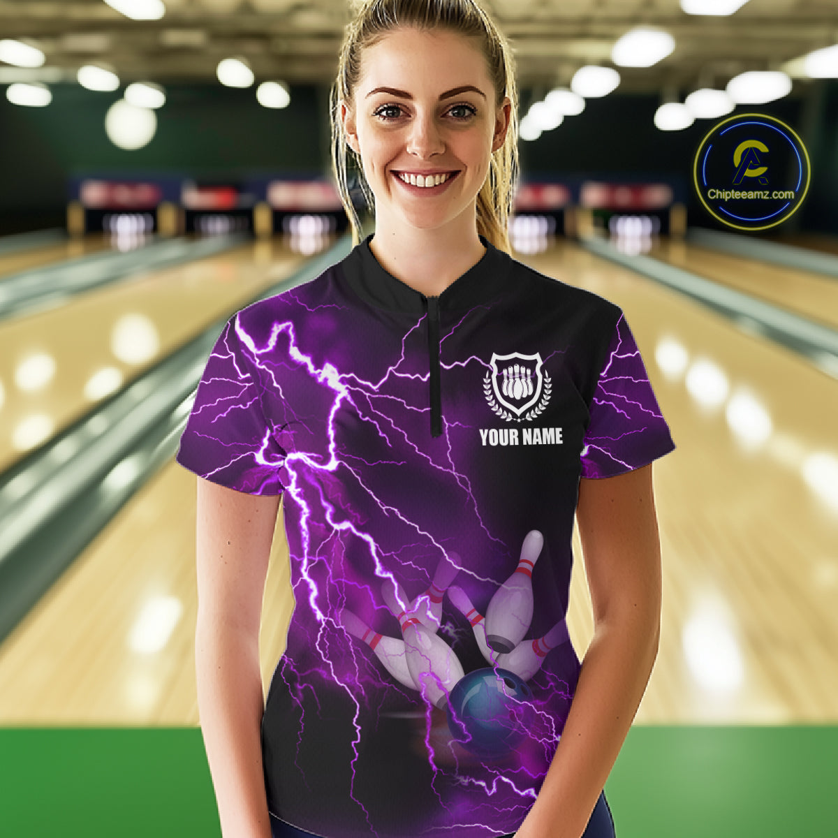 bowling Quarter Zip shirt Custom purple lightning thunder Bowling Team Jersey, gift for Bowlers