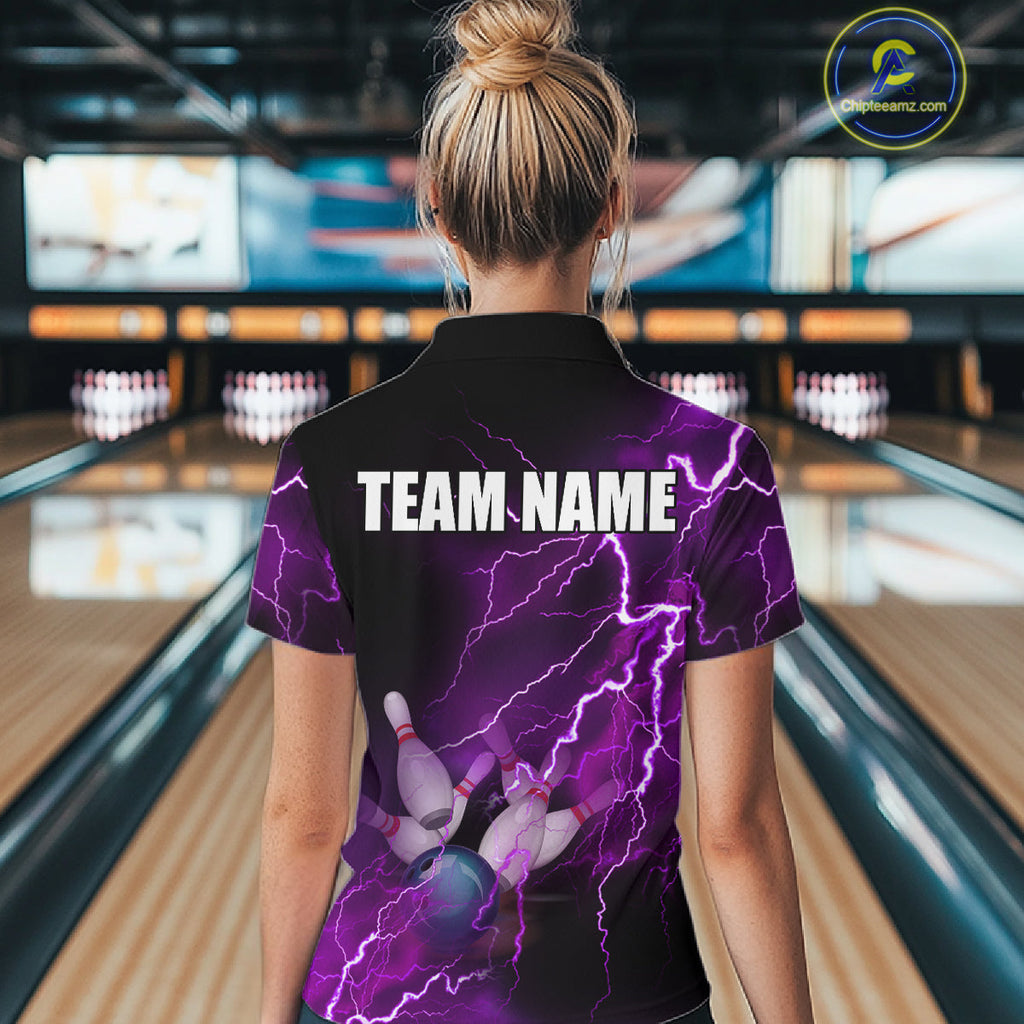 bowling Quarter Zip shirt Custom purple lightning thunder Bowling Team Jersey, gift for Bowlers