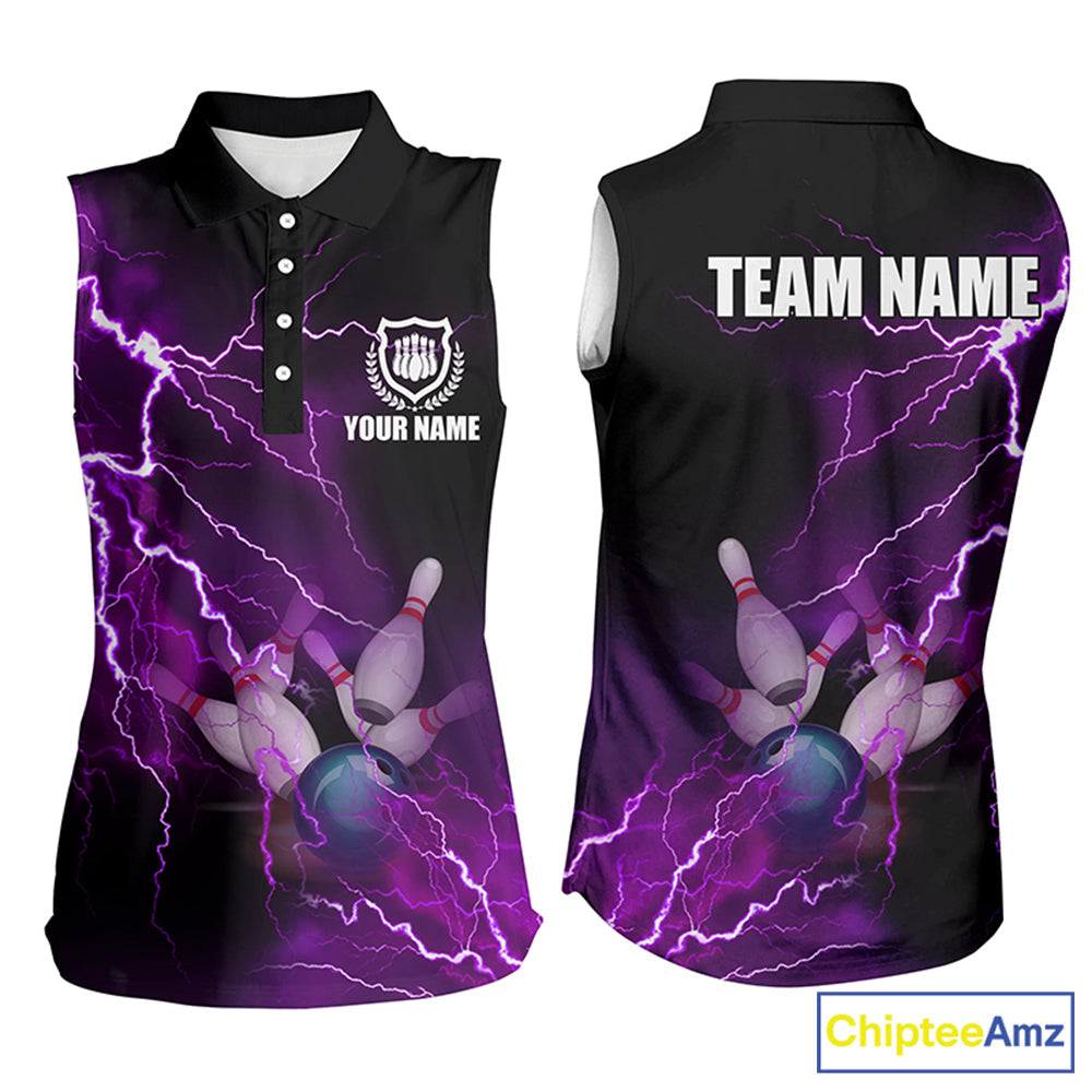 bowling sleeveless polo shirts Custom purple lightning thunder Bowling Team Jersey