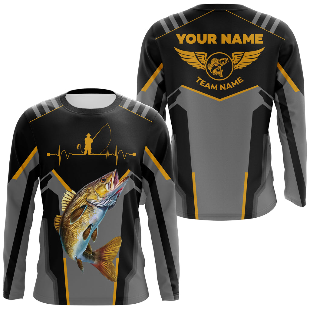 Personalized Black Walleye Fishing jerseys, Team Walleye Fishing Long Sleeve tournament shirts