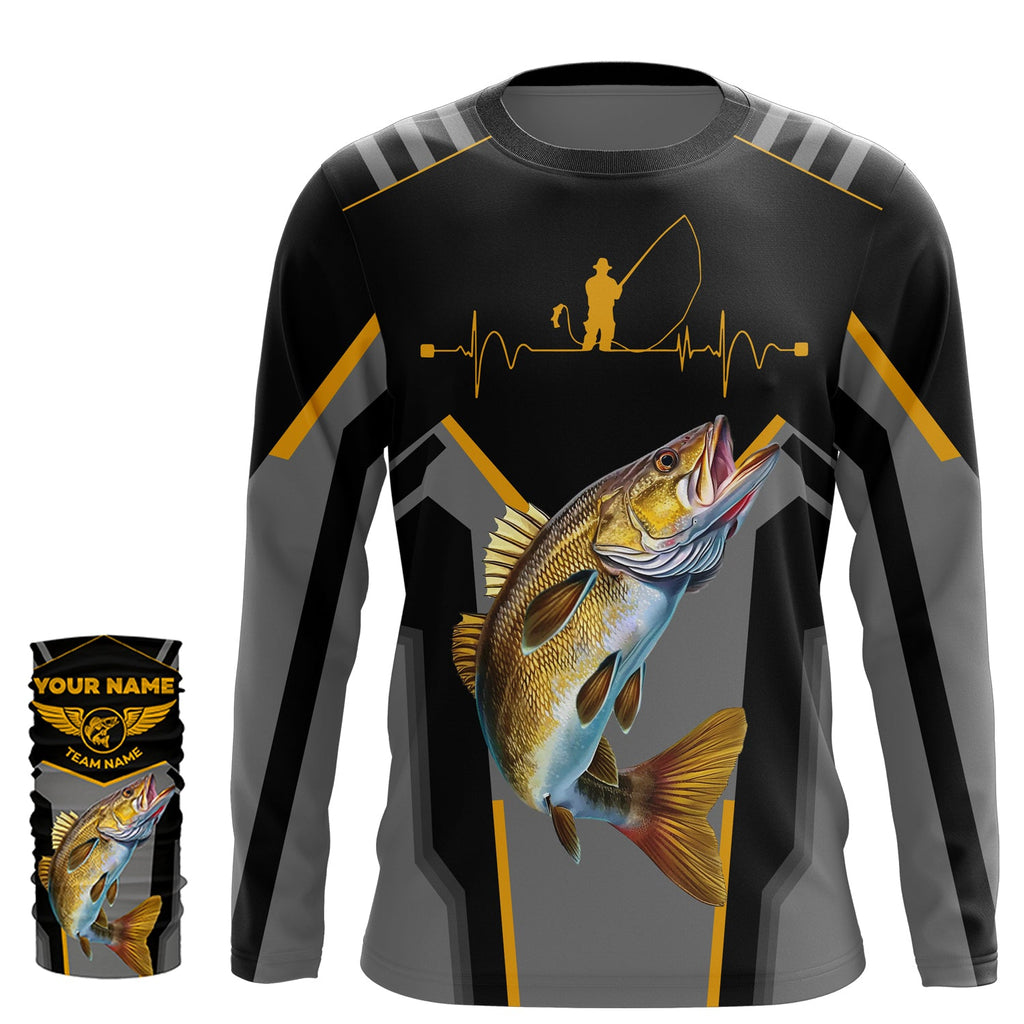 Personalized Black Walleye Fishing jerseys, Team Walleye Fishing Long Sleeve tournament shirts