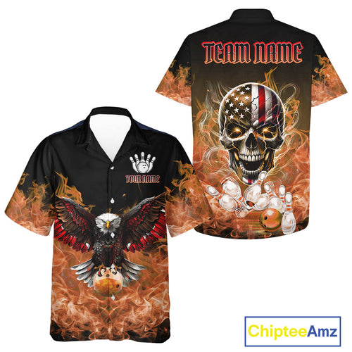 Orange Flame Smoke American Flag Eagle Skull Bowling Hawaiian shirt Custom Patriot Team Bowler Shirt