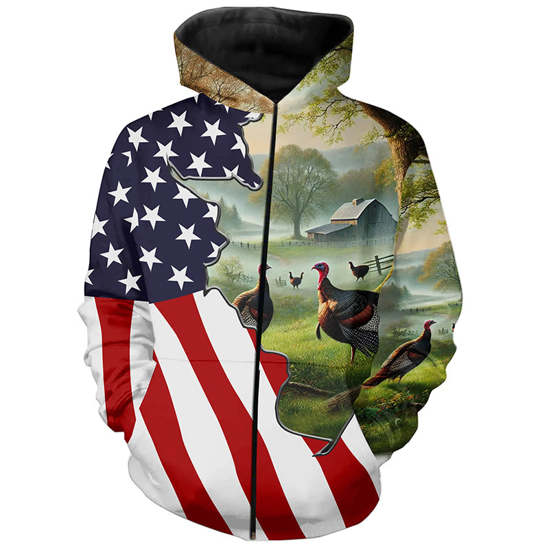 Wild Turkey Hunting Camo 3D All Over Print Shirts American Flag Patriotic Hunting gifts