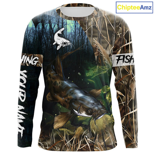 Flathead Catfish Fishing Custom Camouflage long sleeve Fishing Shirt, Personalized Catfish Fishing Gift