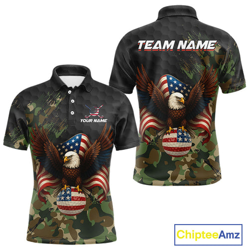 Black and Green Camo American Flag Eagle Golf Polo Shirts Custom Patriotic Team Golf Jersey