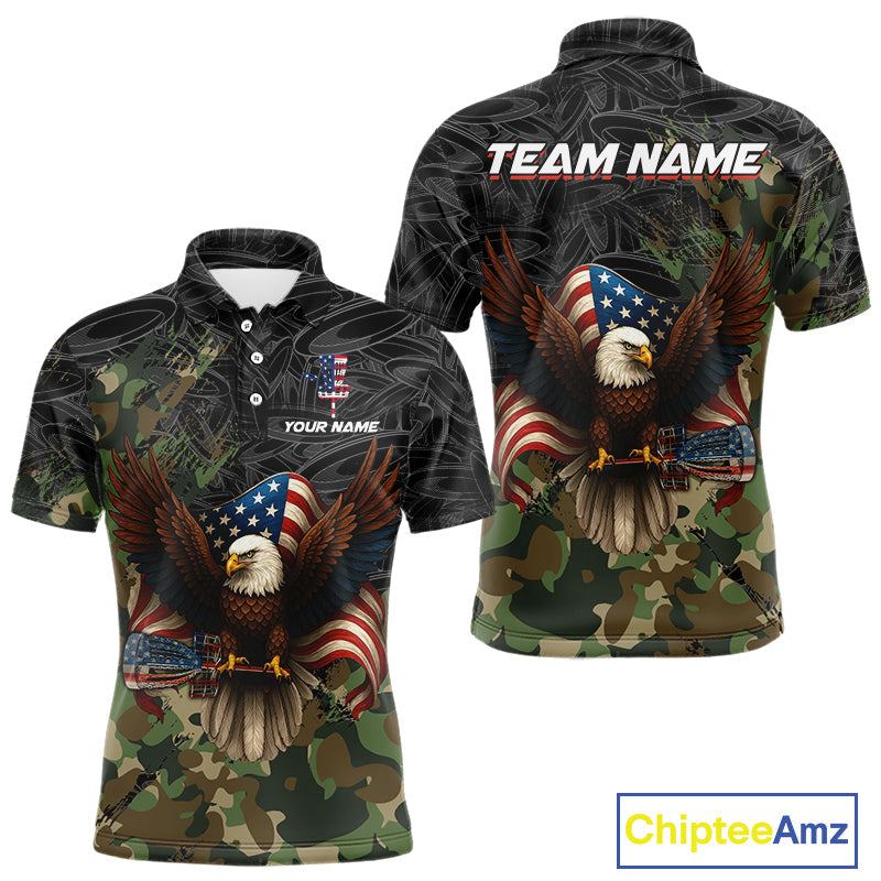 Black & Green Camo American Flag Eagle Disc golf polo shirts, Patriotic disc golf jersey custom