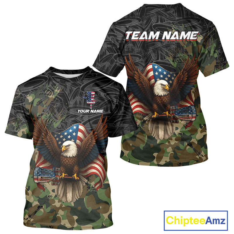 Black & Green Camo American Flag Eagle Disc Golf T-Shirt, Patriotic disc golf jersey custom