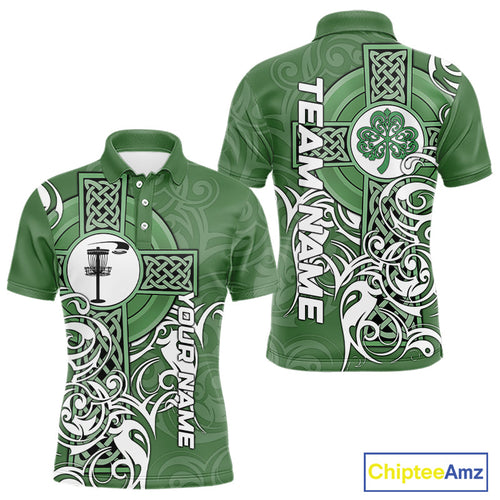 Green Irish Tribal Cross St Patrick's Day Disc Golf Polo Shirts Custom Lucky Disc Golf Team Outfits