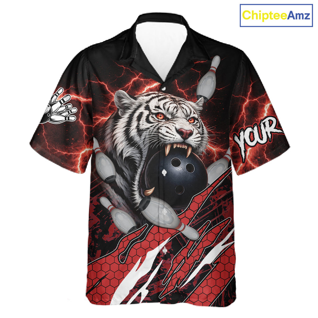 Black and Red Lightning Thunder Tiger Bowling Hawaiian Jersey, Bowling Team button-up shirts