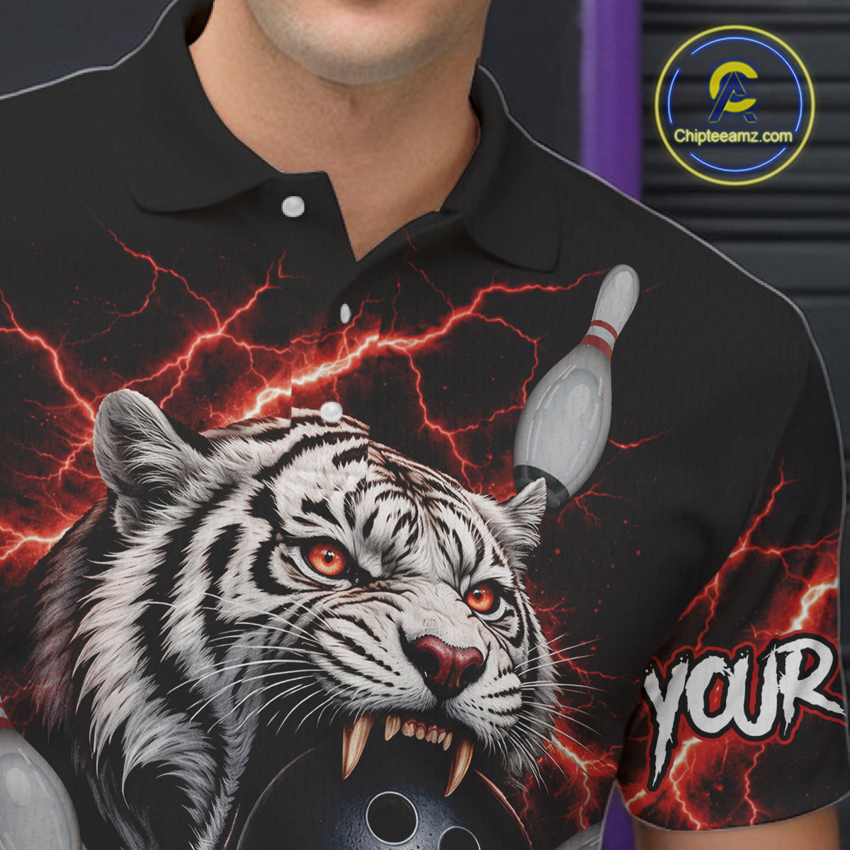 Black and Red Lightning Thunder Tiger Bowling Polo, 1/4 Zip Jersey, Tiger Bowling Team shirts