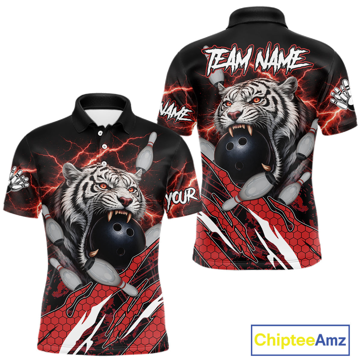 Black and Red Lightning Thunder Tiger Bowling Polo, 1/4 Zip Jersey, Tiger Bowling Team shirts