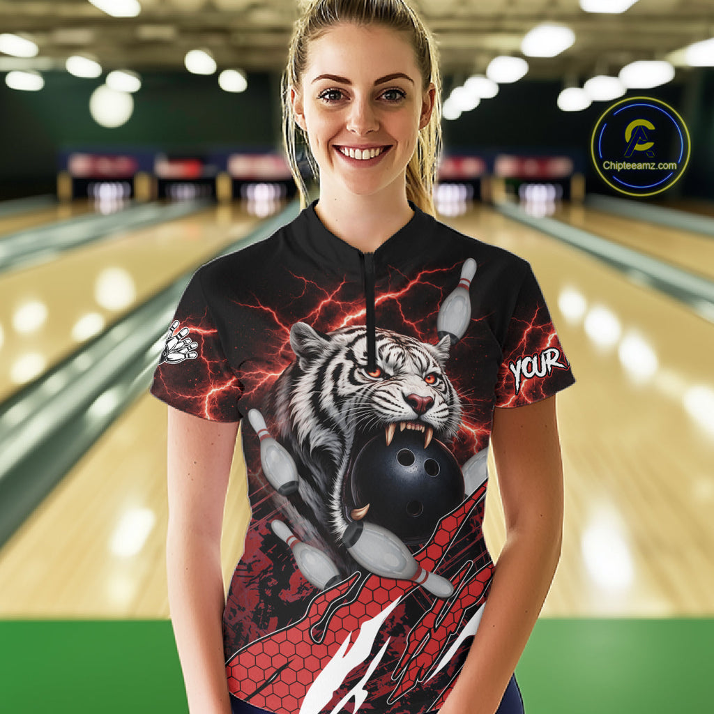 Black and Red Lightning Thunder Tiger Bowling Polo, 1/4 Zip Jersey, Bowling Team shirts