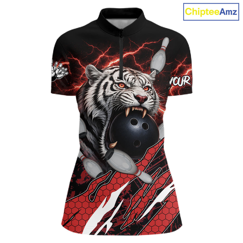 Black and Red Lightning Thunder Tiger Bowling Polo, 1/4 Zip Jersey, Bowling Team shirts