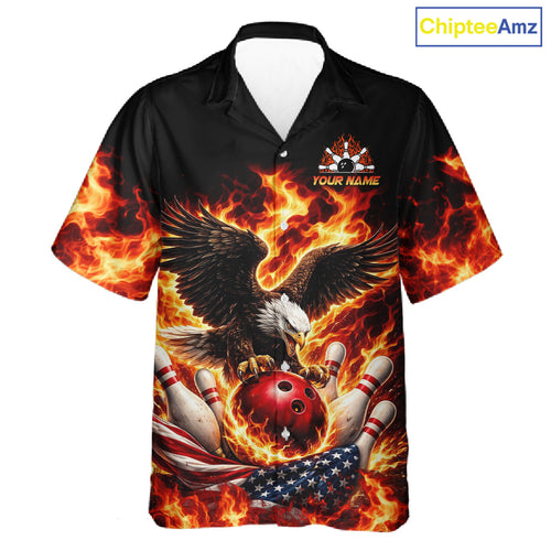 Custom Flame American Flag Eagle Bowling Hawaiian Shirts, Patriotic Eagle Bowling Team Jerseys
