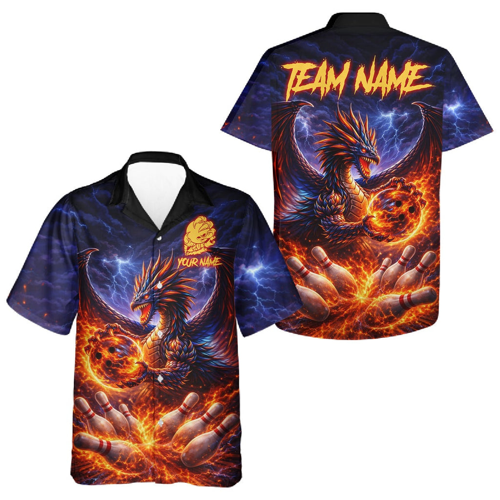 Orange and Purple Lightning Thunder Dragon Bowling Button-up Shirt Custom Dragon Team Bowling Jersey