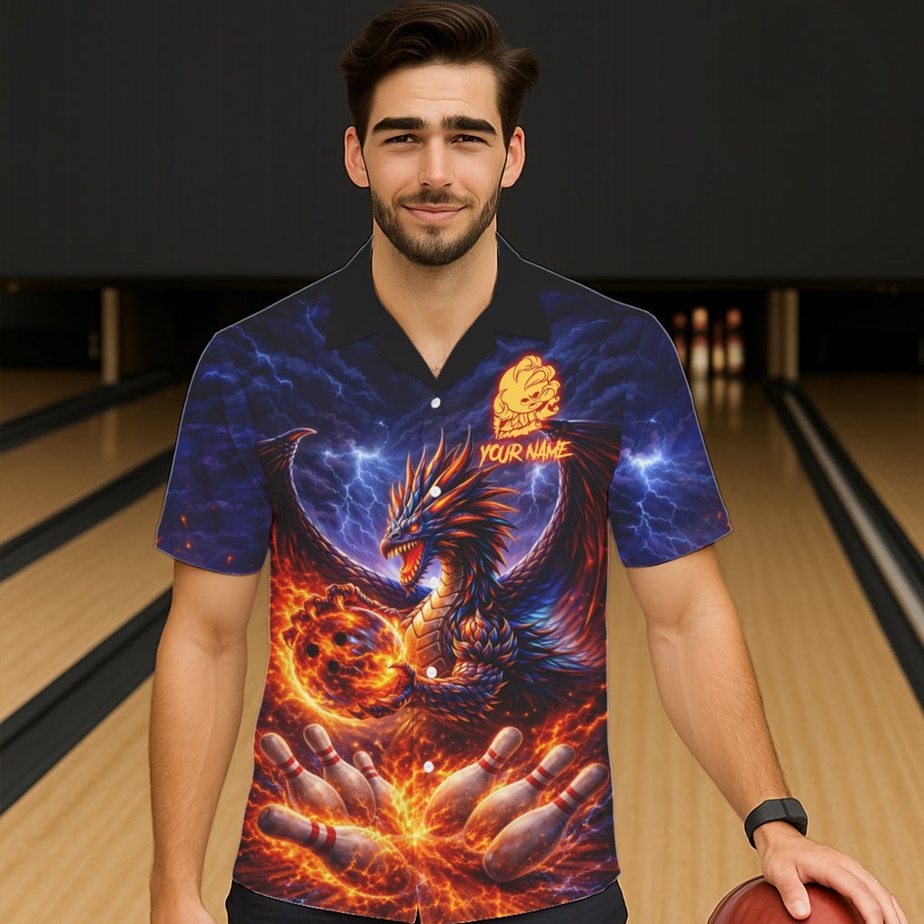 Orange and Purple Lightning Thunder Dragon Bowling Button-up Shirt Custom Dragon Team Bowling Jersey