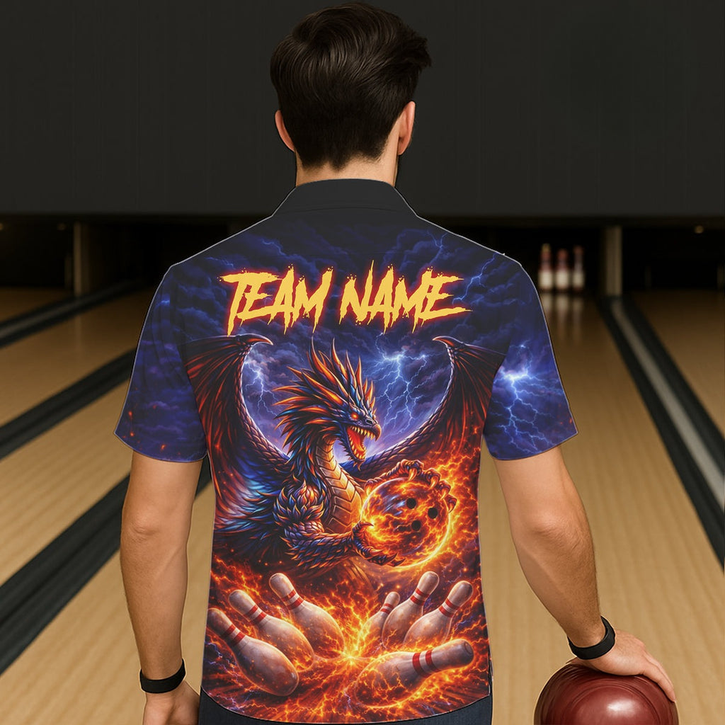 Orange and Purple Lightning Thunder Dragon Bowling Button-up Shirt Custom Dragon Team Bowling Jersey