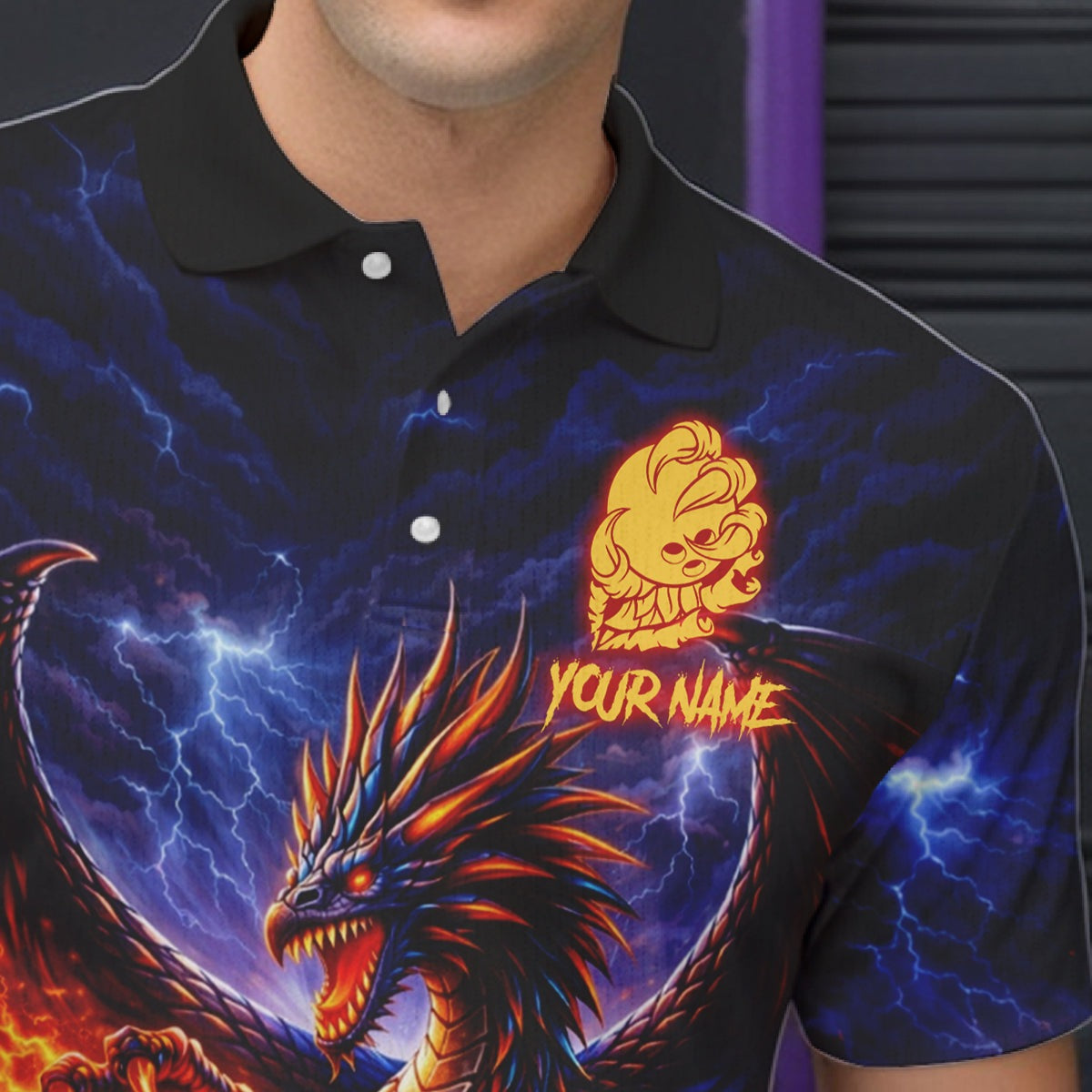 Orange and Purple Lightning Thunder Dragon Bowling Shirts Custom Dragon Team Bowling Jersey