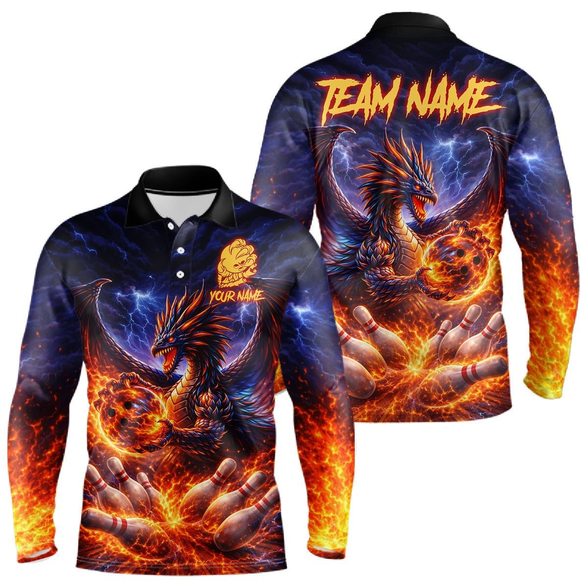 Orange and Purple Lightning Thunder Dragon Bowling Shirts Custom Dragon Team Bowling Jersey