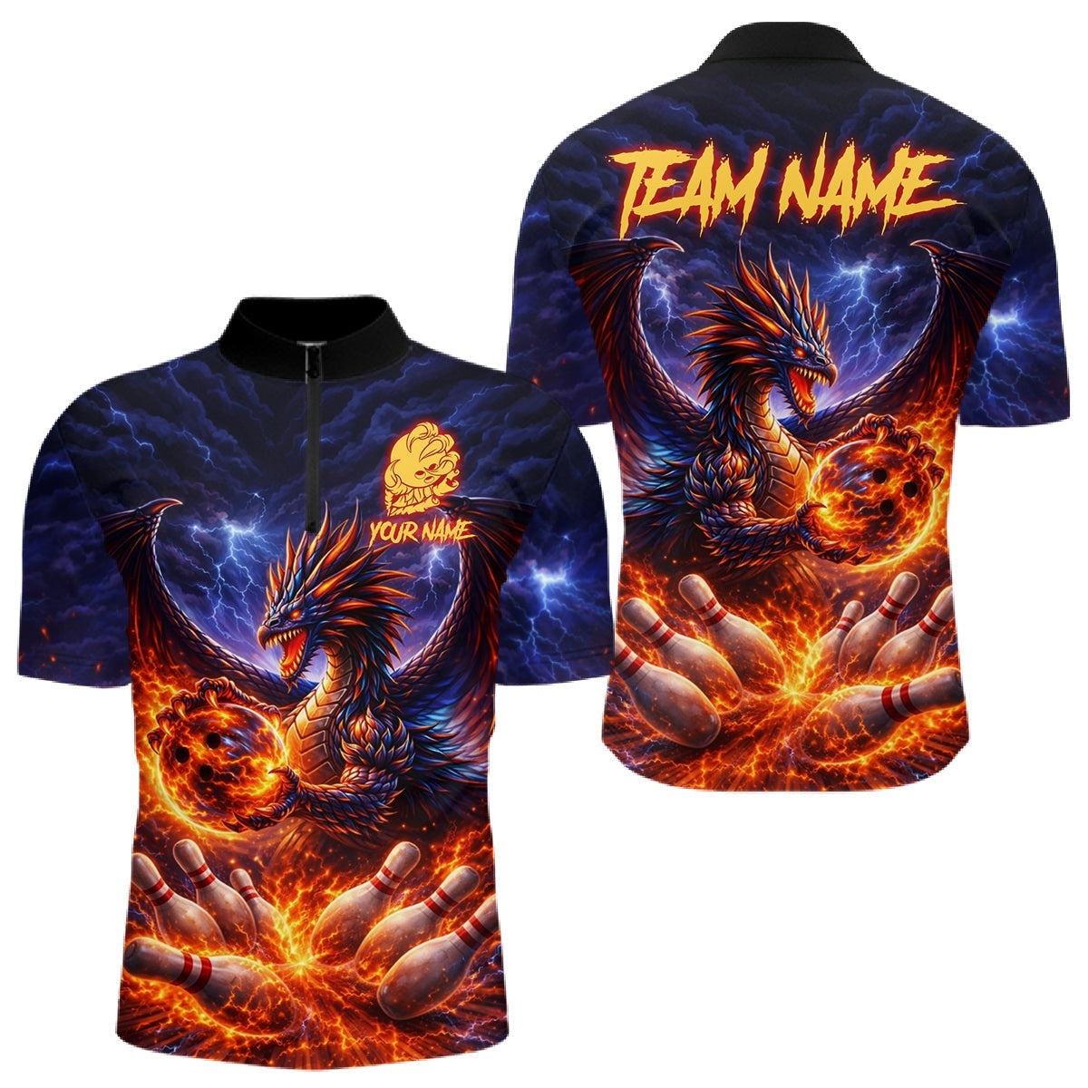 Orange and Purple Lightning Thunder Dragon Bowling Shirts Custom Dragon Team Bowling Jersey