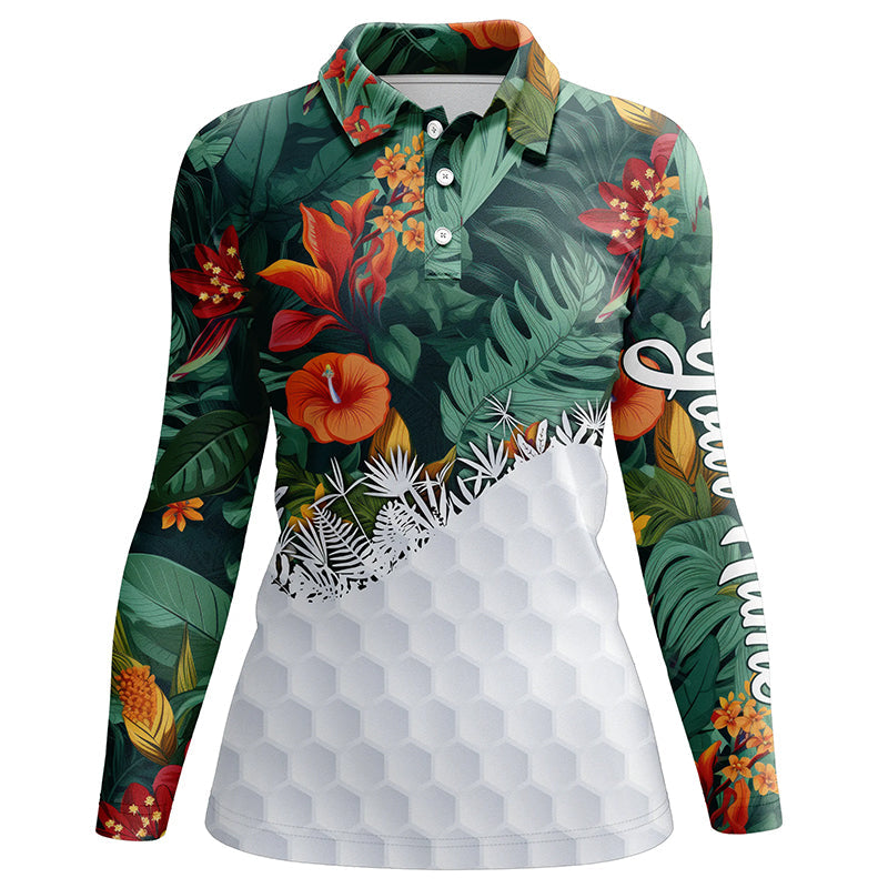Personalized green tropical plants and flowers pattern golf polo shirts custom golf tops