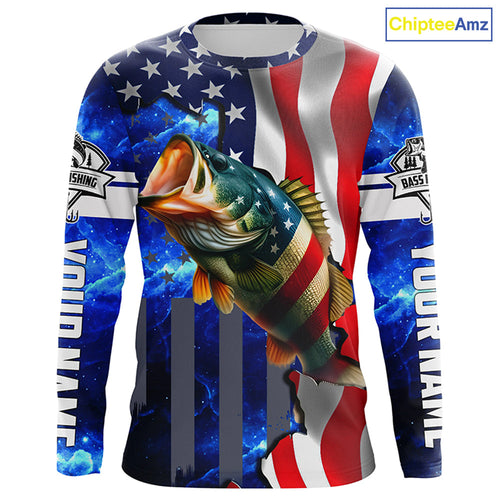 Bass Fishing American Flag patriotic UV protection Custom name long sleeves shirt