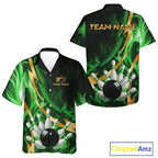 Personalized Bowling Hawaiian Shirt Custom Green Flame and Gold Bowling Team Button Up Shirt